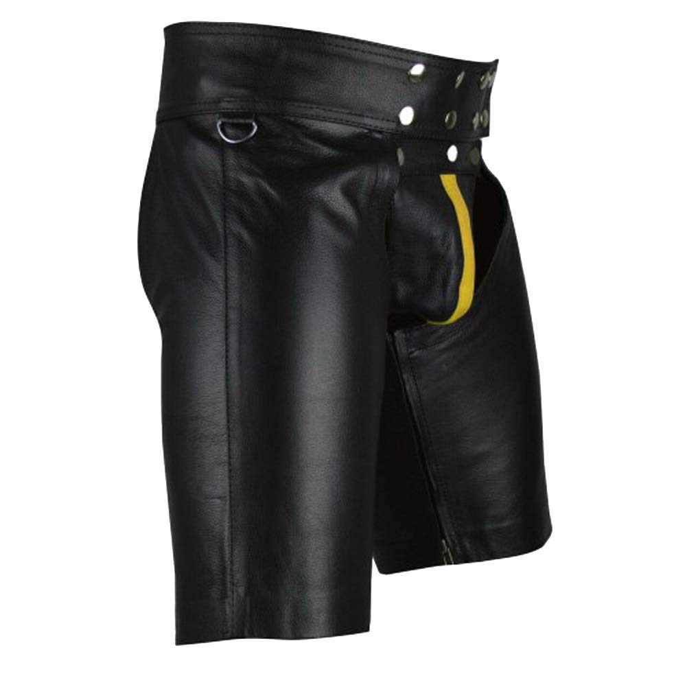 Men's Real Genuine Cowhide Leather Shorts Gay Chaps (Black Gold Strips, 30