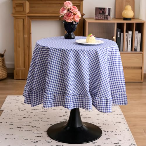 vctops Farmhouse Blue Plaid Ruffle Table Cloth, Boho Cotton Linen Tablecloth, Washable Table Cover for Round Table Baby Shower Kitchen Party Wedding Decor (Blue,59")