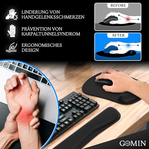 Gomin Mauspad mit Gelkissen - Ergonomisches Tastaturpad und Mousepad mit Handgelenkauflage für Tastatur und Maus - rutschfest und Wasserfest - Memory Foam Handballenauflage für Laptop und PC