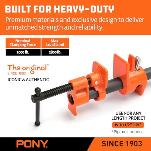 Image of PONY ORIGINAL 2-Pack 52 Wood Gluing Pipe Clamp Fixture for 1 /2 Inch Black Pipe