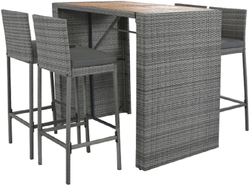 Modern 5-Piece Bar Set with Height Chairs and Table Top in Brown Wood and Gray Wicker