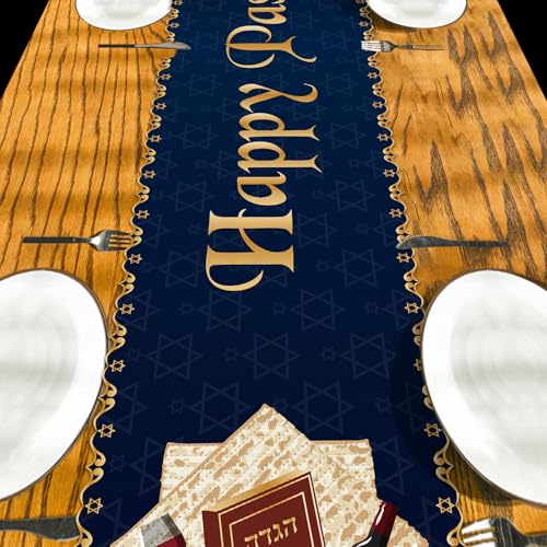 Passover Table Runner Jewish Festival Holiday Kitchen Dining Table Centerpiece Pesach Star of David Decor Blue Gold Happy Passover Decorations for Home Party-72 Inches Long by Flaircave - Image 3
