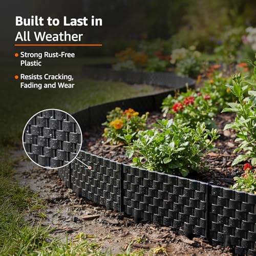 Image of Amazon Basics Garden Edge | Weather-Resistant Plastic Lawn Border with Black Picket Design | Easy Installation for Garden & Pathway Edging