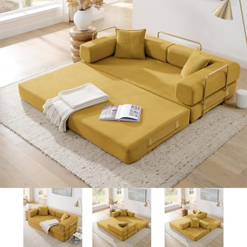 Image of HANXIN Convertible Sleeper Sofa Bed, 78 Inch Folding Floor Mattress Couch with Fixed-Shape Frame, Futon Boneless Couch Lounge Loveseat with Pull Out Bed, No Assembly Required (Yellow)