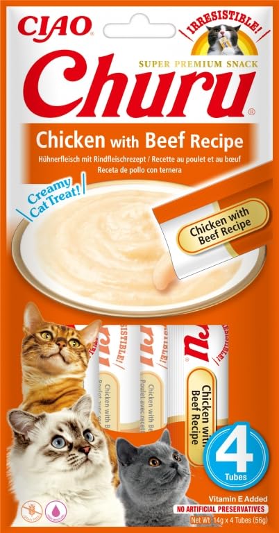 Churu Snack für Katzen, 12 x 4 x 14 g, Nassfutter für Katzen (Hühnchen und Ochse)