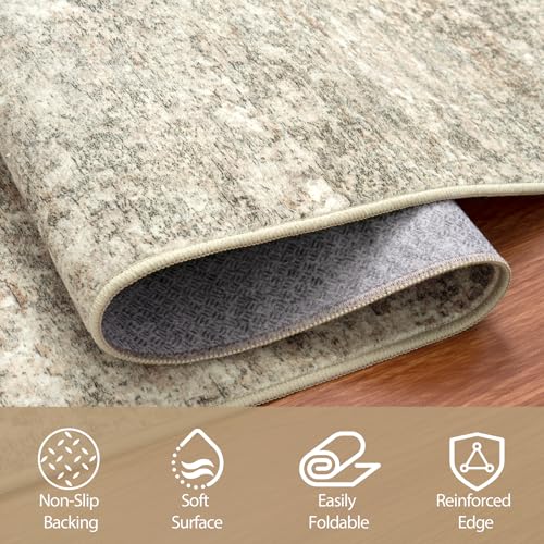 Round Rug 5ft Circle Rug Washable: Carpet Small Circular Area Rug for Entryway Kitchen Bedroom Dining Room Living Room 5 Feet Abstract College Dorm Non Slip Low Pile Beige Brown
