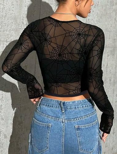 Mesh Top Women See Through Tops (Floral Crop Top Long Sleeve Mesh Shirt Going Out Outfits)3