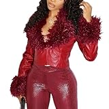 Mandonce Fur Cropped Leather Jacket Women V Neck Buckle Cinched Waist Motorcycle Jacket Y2K Sexy Going Out Jacket Streetwear Burgundy