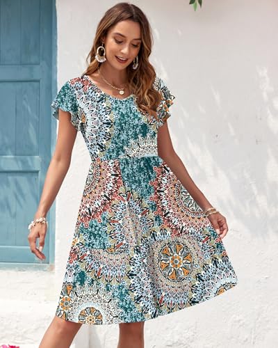 AUSELILY Damen Sommerkleid Rüschen Kurzarm Elegante V-Ausschnitt Kleider Swing Knielanges A-Linie Freizeit Strandkleid Gestuftes Kleider mit Tasche – Bild 4