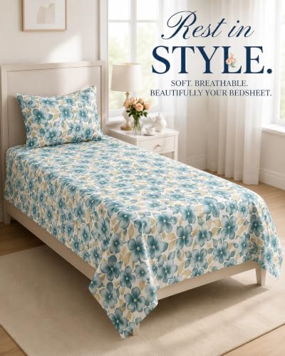Image of VAS COLLECTIONS 240 TC Premium Cotton Single Bedsheet, Soft Breathable Comfortable Floral Printed Bed Sheet, Elegant Durable Bedding for Bedroom, Easy Care Single Bed Cover,60 x 90 Inches - Aquamarine