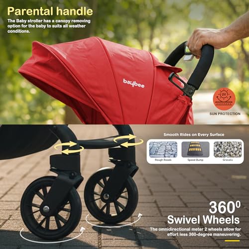 Image of BAYBEE Baby Stroller With 2 in 1 Bassinet & Seat Mode with Parent Handle Bar, 360 Swivel Wheels, 3 Position Recline, Leg Rest, Canopy for Sun Shade & Storage Basket, Ideal Travel Friendly Strollers for Boy Girl (Red)