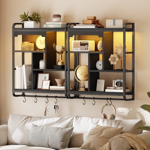 Image of HOOBRO Gaming Floating Shelves with LED Lights, 26.4 inch LED Wall Mounted Shelf, Modern Corner Shelf 3-Tier Display Rack for Wall Storage, Arched Design, for Kitchen, Living Room, Study, Black BB44DBJ01