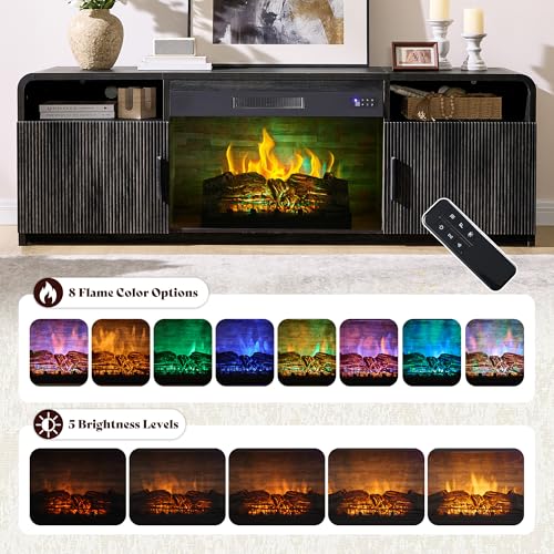 Image of AMERLIFE 70 inch Fluted Fireplace TV Stand for TVs Up to 80 inch, Modern TV Console with 30 inch Electric Fireplace & Storage Cabinets, Media Entertainment Center for Living Room, Black