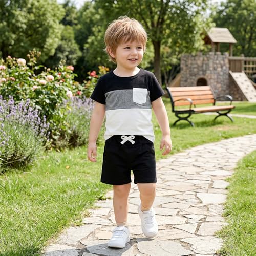 Image of Toddler Boy Clothes Baby Summer Outfit Patchwork Tee Shorts 12M-4T | Soft Patchwork Tee, Pocket Shorts With Stretch Waistband, Breathable For Summer Play, Machine Washable
