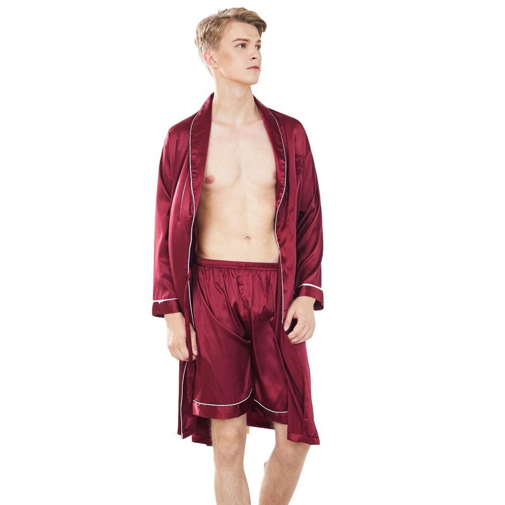 COSOSA Mens Satin Kimono Robe Long Sleeve Bathrobe with Shorts Printed Sleepwear