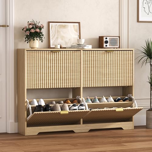 Image of HUANLEGO Shoe Cabinet Storage for Entryway with 4 Flip Drawers, Oak Fluted Shoe Cabinet with Adjustable Shelves, Wooden Hidden Shoes Rack Freestanding Narrow Slim Shoes Storage for Hallway, Entrance
