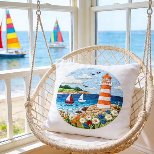 Image of BEUNITONE 6 Set Beginner Embroidery Kit for Adults with Pre-Printed Washable Lighthouse Pattern, DIY Needlepoint Craft Kits for Cloth with Embroidery Hoop and Instruction, Funny Gifts for Home Decor