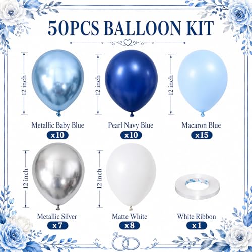 Image of Navy Blue Silver Balloons, 50 Packs 12 Inch Dark Pearl Blue Metallic Light Blue Balloon with Metallic Silver White Balloon for Birthday Graduation Wedding Bridal Baby Shower Party Decorations