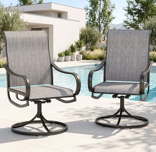 Image of PHI VILLA Swivel Patio Dining Chairs Set of 2, Textilene Mesh Fabric, Grey | High back ergonomic backrest. All-weather black E-coated metal frame, designed for patio, outdoor, deck, lawn, garden