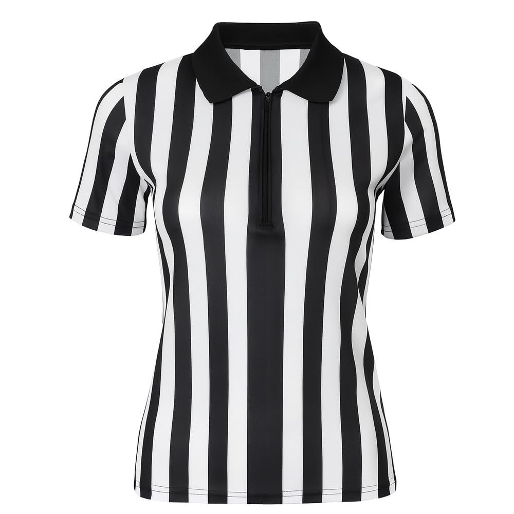 Nationwear Maglia Arbitro a Righe per Uomo e Donna – T‑Shirt Classica Nero & Bianco con Colletto e Mezza Cerniera, Manica Corta, Leggera in Poliestere Asciugatura Rapida