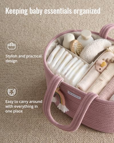 Image of Blissful Diary Baby Diaper Caddy Organizer, Cotton Rope Diaper Caddy Basket, Oval Storage Basket, Gift for Baby Shower, Newborn Essentials, Pink