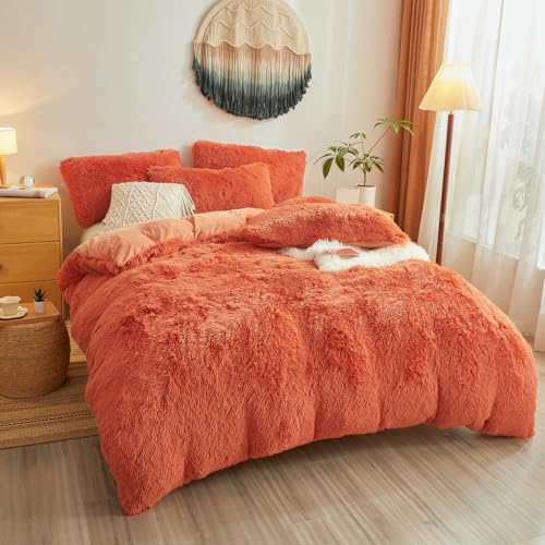 Fluffy Faux Fur Terracotta Comforter Cover King Set – Plush Fluffy Terracotta Bedding 3-Piece Set (1 Duvet Cover + 2 Furry Pillow Shams) Cozy Bed Set