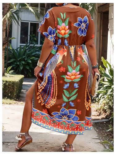 Image of Floerns Women's Plus Size Tribal Print Dolman Sleeve Slit Summer Maxi A Line Dress