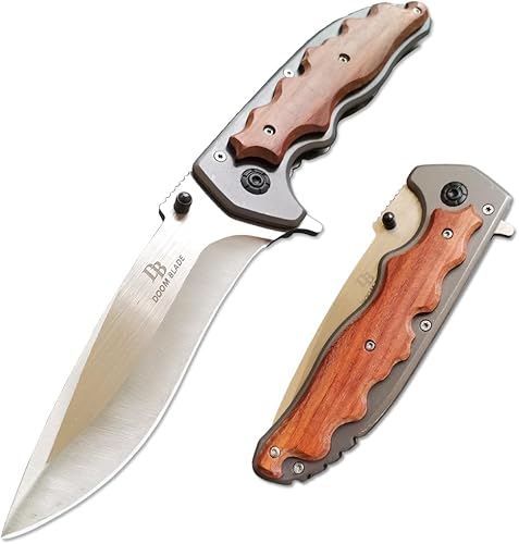 DOOM BLADE Cuchillo de bolsillo, cuchillos plegables con clip de bolsillo de 3.62 pulgadas de longitud de la hoja de acero 440C con mango de madera,