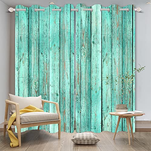 DORCEV Mint Green Window Curtains Vintage Rustic Wood Plank Old Barn Door Garage Door Vertical Striped Wood Farmhouse Rural Farm Style Living Room Bedroom Drapes Treatment,53x96 inch,2 Panels