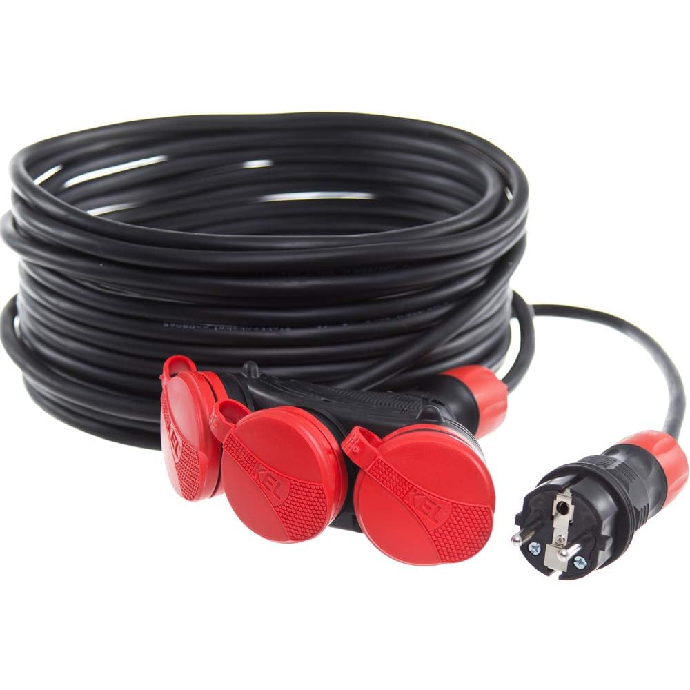 KEL Cavo di prolunga 3 x 1,5 mm2, IP44, in tubo di gomma, multipresa, rosso, nero, 10 m
