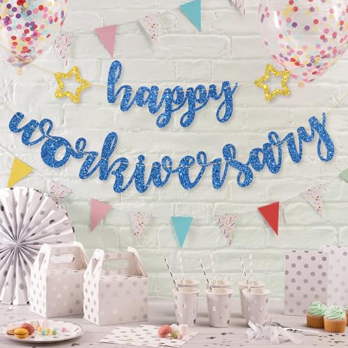 Image of Happy Workiversary Banner Work Anniversary Decorations Work Office Party Decoration Supplies Blue Glitter