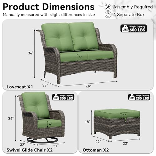 Image of 5 Piece Outdoor Wicker Patio Furniture Set, Outdoor Swivel Rocker Patio Chairs Set with Thickened Olefin Cushions, High Back and Deep Seating, Hand-Woven PE Rattan for Porch, Deck