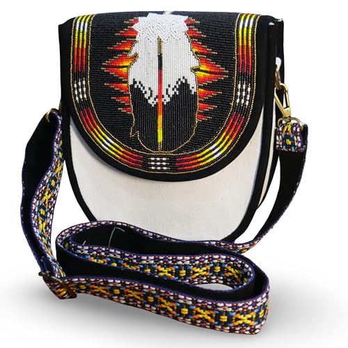 Handmade Native American Style Beaded Canvas Crossbody Bag (Black Feather)