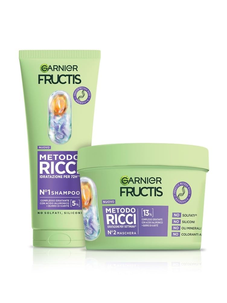 Garnier Fructis Kit Idratante, Con Shampoo e Maschera, Per Tutti i Tipi di Riccio, Ricci Definiti, Idratati e Morbidi, Con Acido Ialuronico e Burro di Karité, Metodo Ricci, 200 ml + 375 ml