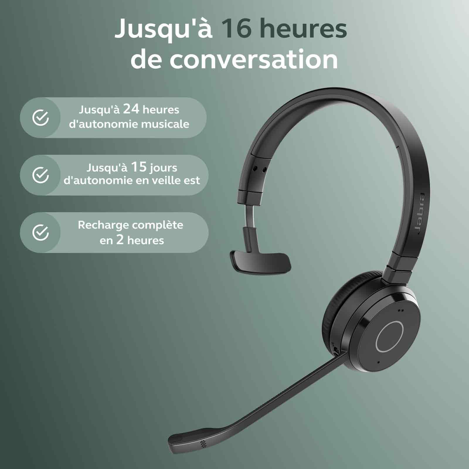 Jabra Evolve 65 Te (3e édition 2025) Micro-Casque Mono Bluetooth sans Fil, se connecte à 2 appareils, 16 h d’autonomie, Micro antibruit, Adaptateur USB-A, Fonctionne avec Les applis de réunion, Noir