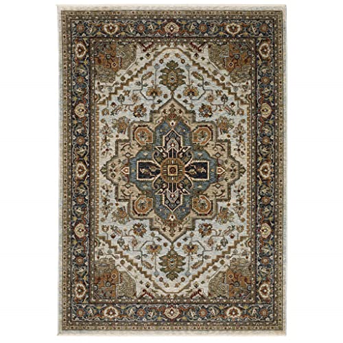 5 x 8 ft. Ivory Beige Blue Orange Gold Green Gray & Rust Oriental Power Loom Stain Resistant Rectangle Area Rug with Fringe