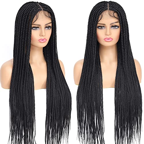 Eugenia Knotless Braided Wigs For Black Women 360 Full Lace Box Braid Wig With Baby Hair Synthetic Lace Front Wig Handmade Cornrow Wig Lightweight Heat Resistant Twist Braids Wigs 36 Inch 1B #TOP6