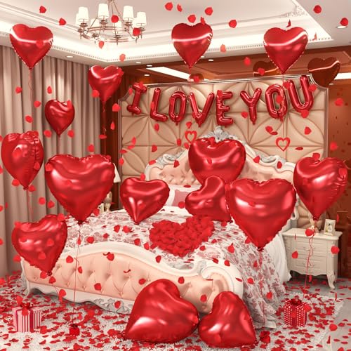 Froova I Love You Balloons Mothers Day Balloon Red Heart Love Foil Balloon 1000 Pcs Rose Petals for Happy Mother's Day Best Mon Wedding Anniversary Engagement Valentine Day Romantic Decorations