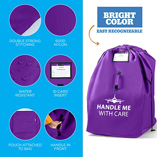 Car Seat Travel Bag Backpack for Gate Check Bag – Waterproof - 600D Nylon Fabric W/Adjustable Strap 18x18x34 inch (Purple) - Thumbnail 4