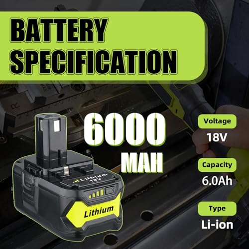 VINIDA 2Pack 6.0Ah Repacement for Ryobi 18V Battery with P117 Charger Compatible with Ryobi Battery 18V P102 P103 P104 P105 P107 P108 P109 Battery & Charger Kit