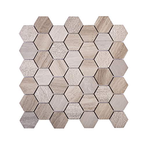 Textured Honeycomb Hexagon Wooden Grey Marble Mosaic Tile (4.92 Sq