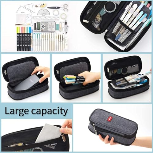 Image of FineMoe Large Pencil Case Stationery Items for Girls and Boys, Canvas Bags Pen Pencil Pouch for School College and Office, Organize Makeup Cosmetic, Aesthetic Cute Stationary Box for Daily Use (Black)