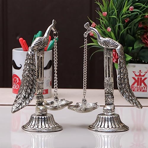 Image of Peacock Design Metal Hanging with Chain Diya Pair of Peacock Design Bird Diya Deepak Oil Lamp