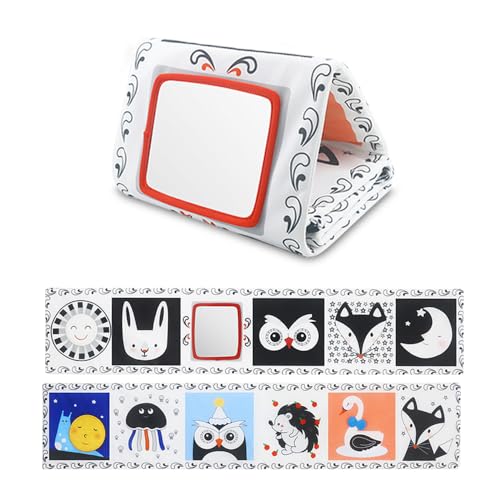 caterbee Baby Cot Activity hanging toy, Black and White High Contrast pram toy, With mirror toys surrounding the bed (Forest)