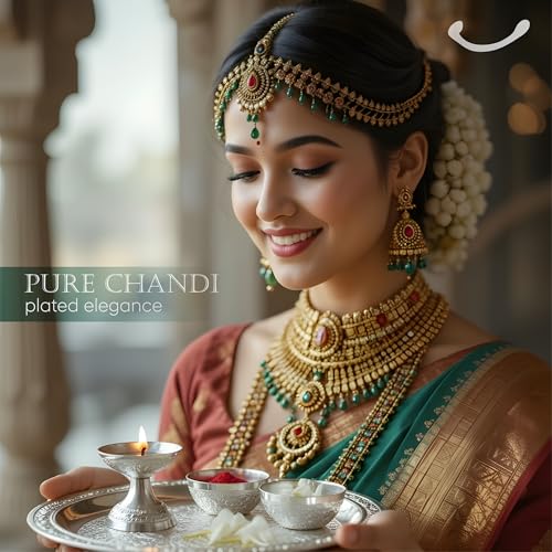 Image of Trinity Designs Silver Pooja Thali Set 8 Inch | Decorative Aarti Thali 234 Grms Silver Plate with Diya & Chandan Bowls | German Silver Thali Set Mandir, Festivals & Gifting | Puja Thali Set for Home