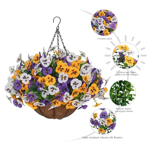 Image of 2 Set Artificial Hanging Flowers with Basket for Outdoor Decor, 24 Pcs Silk Pansy Fake Plants for Garden Porch Patio Balcony Yard Home Decoration