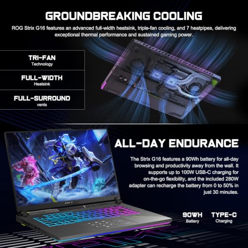 Image of ASUS ROG Strix G16 5070 300Hz Gaming Laptop, AMD Ryzen 9 9955HX, GeForce RTX 5070, 16 inch QHD+ 2.5K 300Hz IPS, 32GB DDR5, 2TB SSD, 4-Zone RGB Backlit KB, HDMI, Copilot, Windows 11 Home, w /Bundle