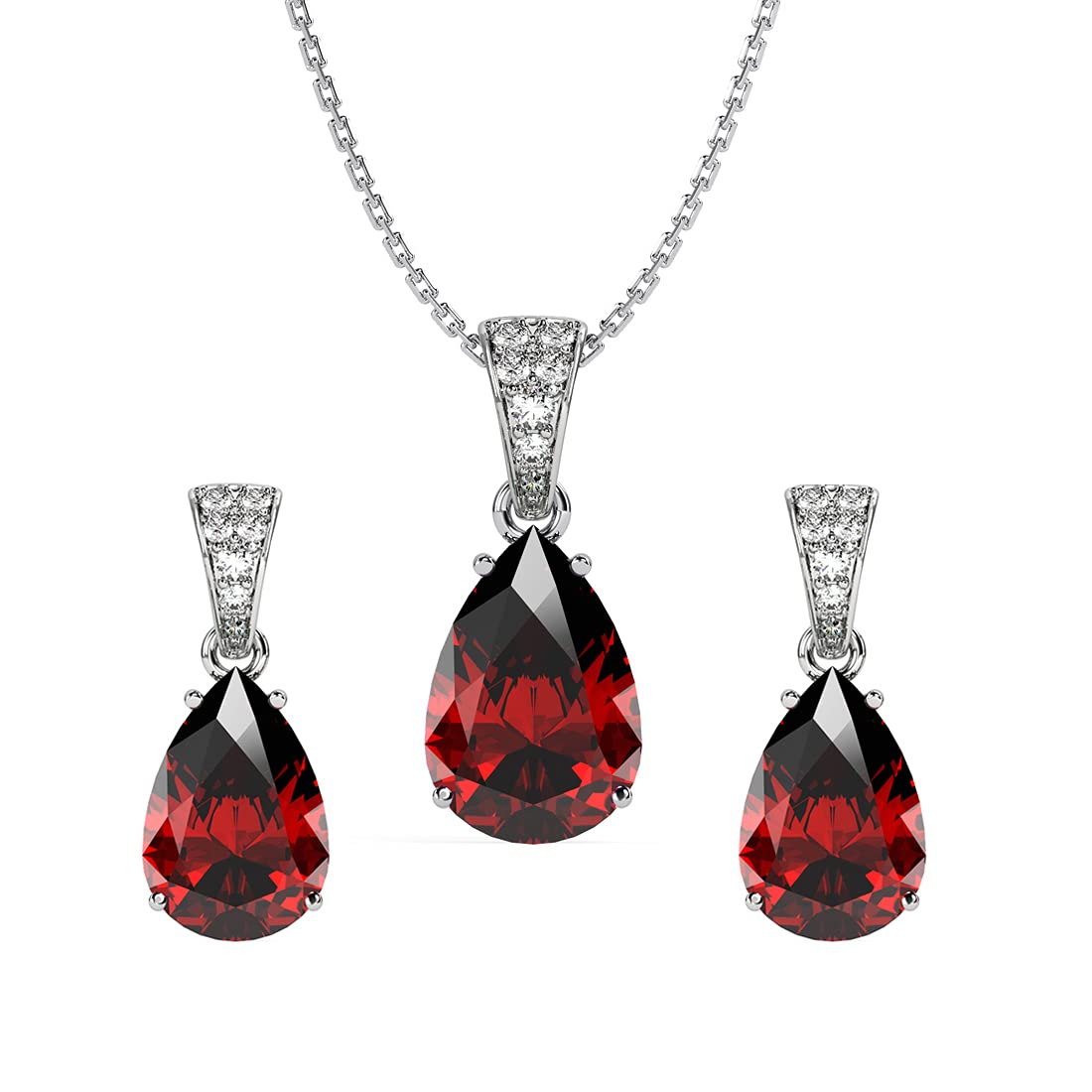 clara 925 Sterling Silver Blood Red Tear Drop Pendant Earring Chain Jewellery Set | Rhodium Plated, Swiss Zirconia | Gift for Women & Girls-picture-44