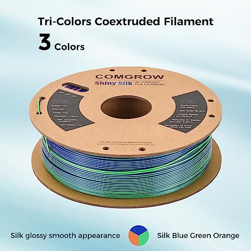 Image of Comgrow Tri-Colors Silk PLA 3D Printer Filament, Rainbow PLA Filament 1.75mm, Dimensional Accuracy + /- 0.02 mm, 1KG Spool, Coextrusion 3D Filament with Shiny Silk Blue-Green-Orange