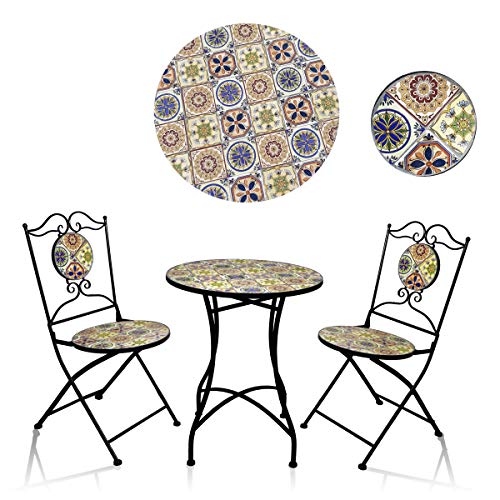 Alpine Corporation MJK148A Alpine Indoor/Outdoor Mediterranean Tile Design Set Table and Chairs Patio Seating Garden Furniture, Multicolor